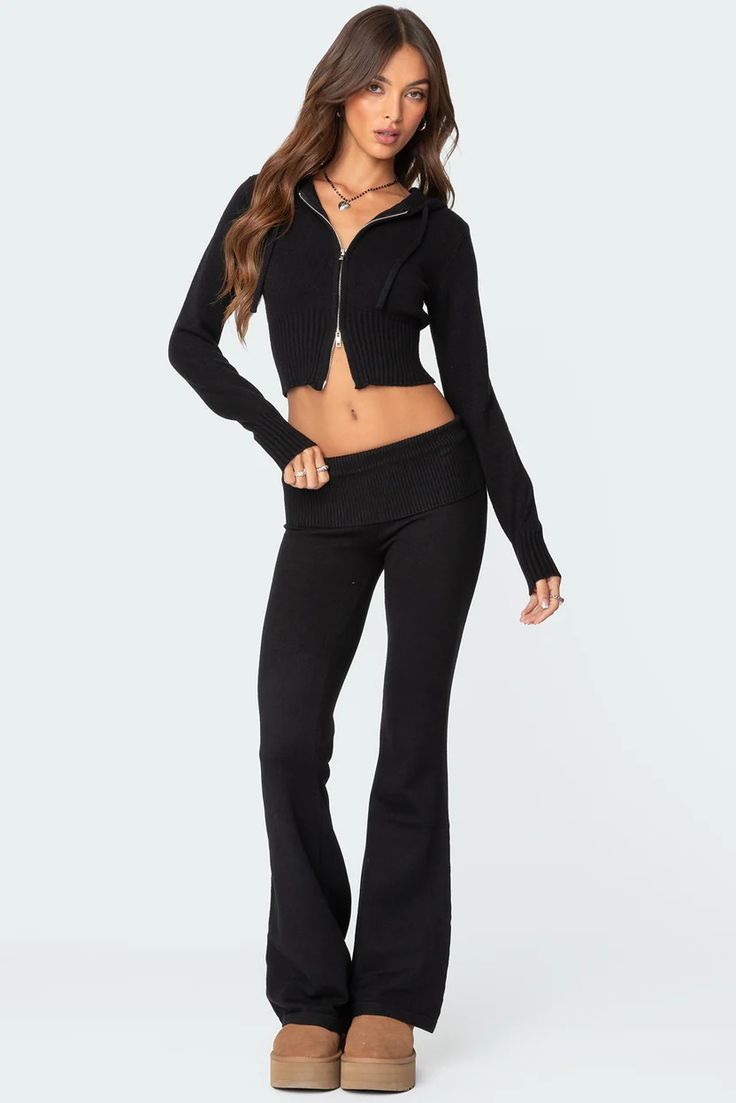 Desiree Knitted Low Rise Fold Over Pants ��– edikted Black Set Outfit Two Pieces, Winter Full-length Pants With Ribbed Waistband, Stretch Bottoms For Winter Loungewear, Stretch Bottoms For Loungewear In Winter, Winter High-waisted Stretch Sweatpants, Fitted High Waist Sweatpants For Winter, Casual Stretch Sets With High-waisted Pants, Fitted Knit Bottoms For Winter, Fitted Sweatpants For Fall