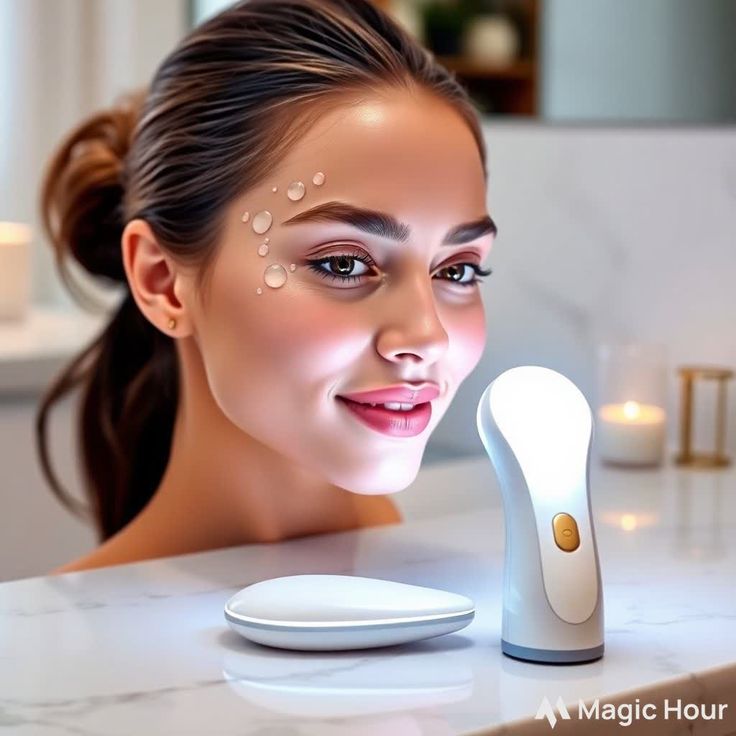 "Create an image of a viral, multitasking beauty device (such as a facial cleansing brush or light therapy tool) on a sleek marble countertop. The device is shown in use on a woman’s face, with glowing, fresh skin as a result. The scene is luxurious, featuring soft lighting and modern, minimalist decor to showcase the beauty tool." Hair Mistakes, Grey Roots, Crimped Hair, Marble Countertop, Facial Cleansing Brush, Fresh Skin, Cleansing Brush, Beauty Devices, Sleek Ponytail