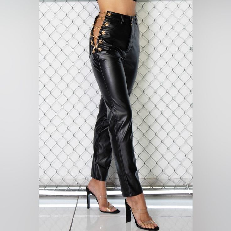 Vegan Leather Black Pants With Gold Chain Side Tie Up! Ultra Sexy And Super Cute Trendy High Waist Leather Pants For Party, Trendy High-waist Leather Pants For Party, Edgy High-waisted Pants For Party, Edgy High-waisted Party Pants, Glamorous High Waist Leather Pants For Night Out, Edgy High Waist Pants For Evening, High Waist Chic Bottoms For Club, Chic High Waist Bottoms For Club, Glamorous High Waist Leather Pants For Party