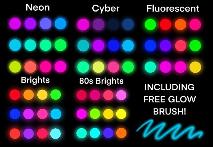 an image of different colored lights on a black background with the words neon, fluorescent, and