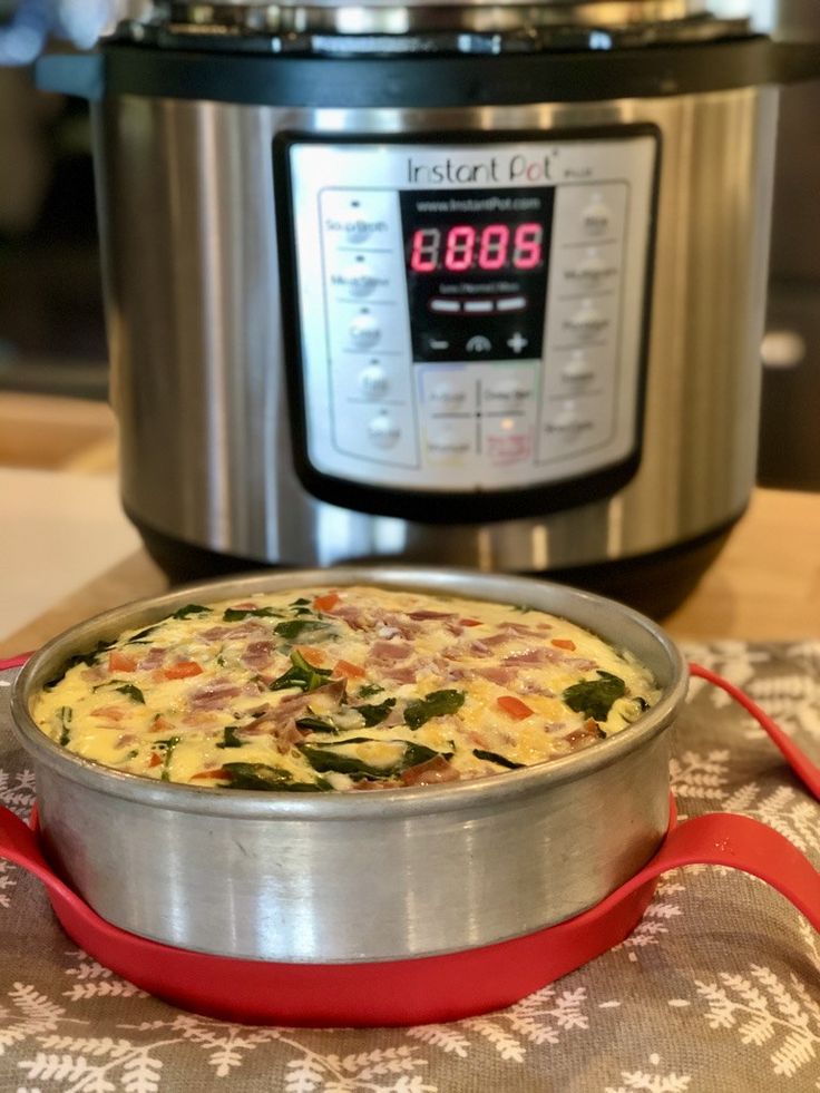 a casserole dish sitting in front of an instant pot