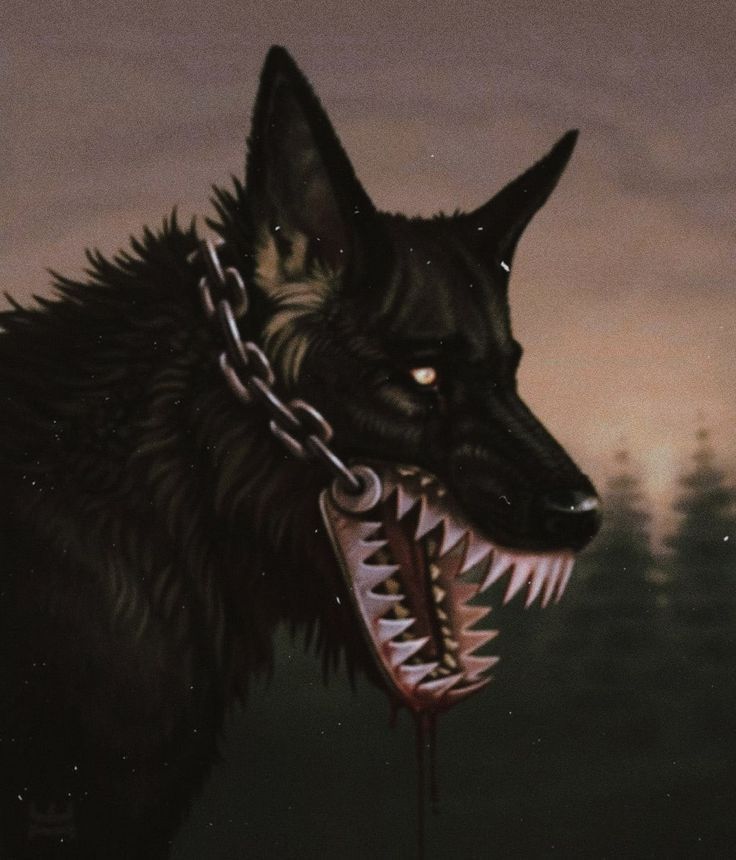 a painting of a wolf with chains on it's neck and teeth hanging down