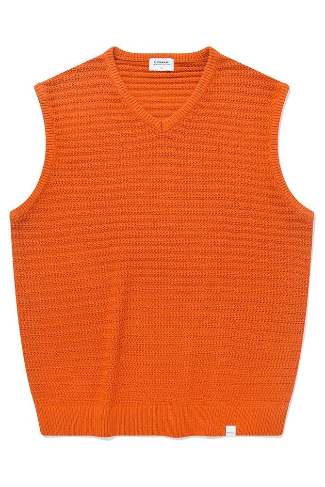 Winter Orange Sleeveless Vest, Orange Sleeveless Winter Vest, Casual Orange Sleeveless Sweater Vest, Orange Sleeveless Top For Winter, Trendy Sleeveless Vest For Outdoor, Casual Orange Cotton Vest, Spring Orange Cotton Vest, V Neck Knit Vest, Vests For Women