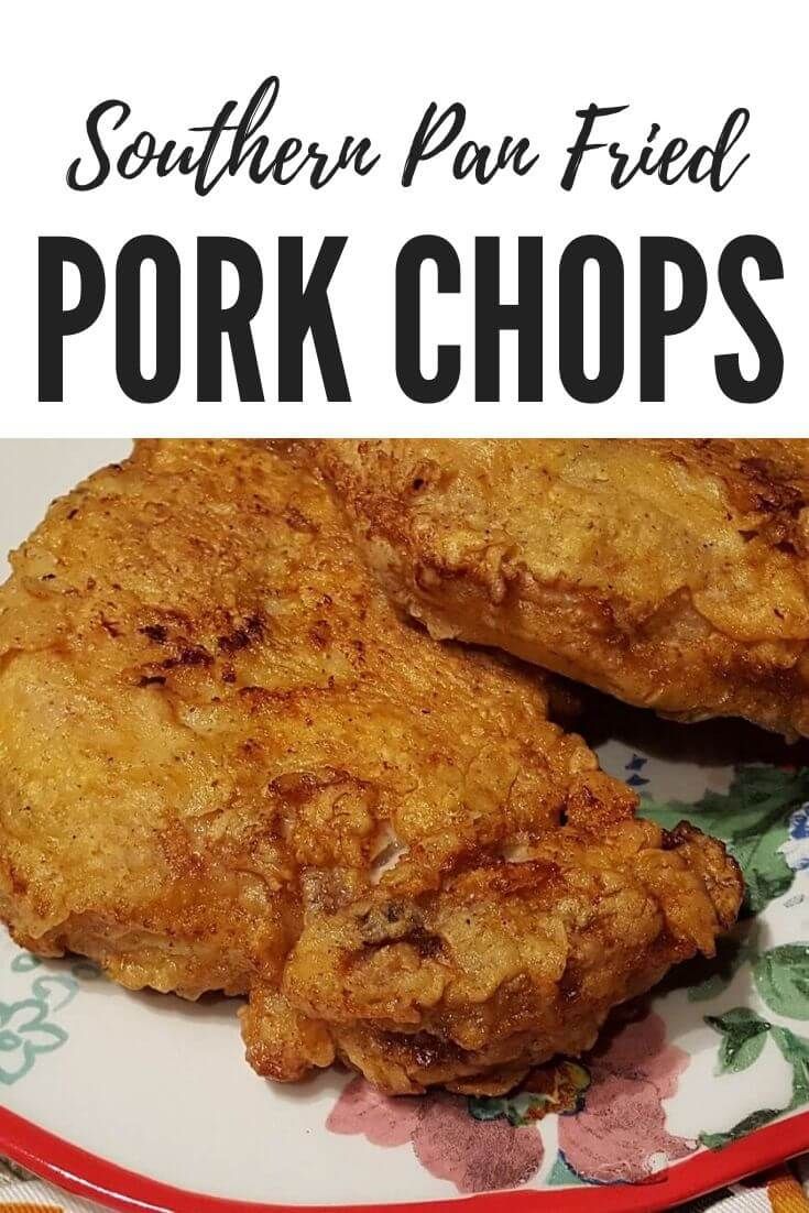 two fried pork chops on a plate with the words southern pan fried pork chops