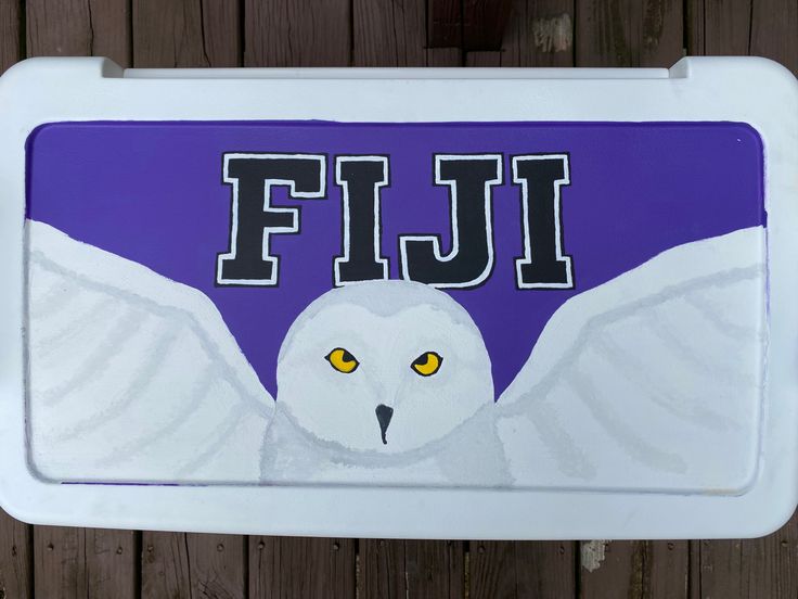 a white owl with yellow eyes is painted on a purple and white sign that says fiji