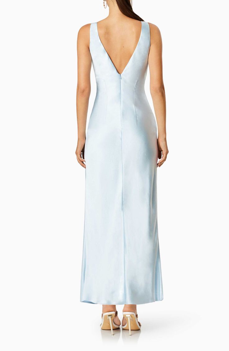 Glossy satin and lustrous pearly buttons bring celebratory shine to this cuve-skimming dress that's dipped low in front and even lower in the back. 54" length (size Medium) Hidden back-zip closure Deep V-neck V-back Sleeveless Lined 100% polyester Hand wash, line dry Imported Light Blue Gown, V Neckline Dress, Short Jean Skirt, Blouse Sale, Midi Slip Dress, Bridesmaid Accessories, Tory Burch Handbags, Plunge Neckline, Satin Gown