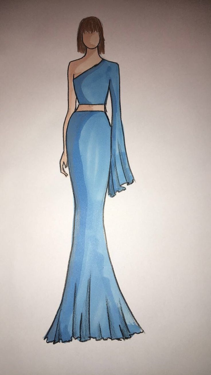 a drawing of a woman in a blue dress with one shoulder cut out and long sleeves