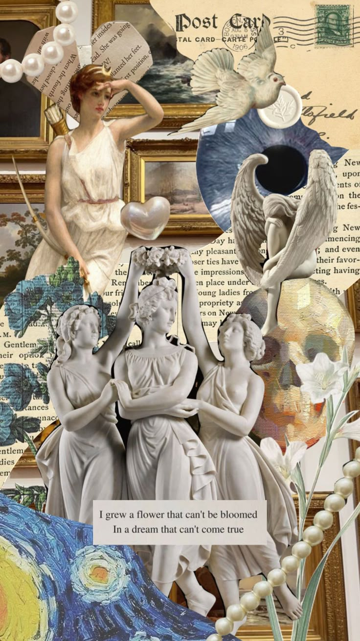 an altered collage with images and words on the page, including two women in white dresses