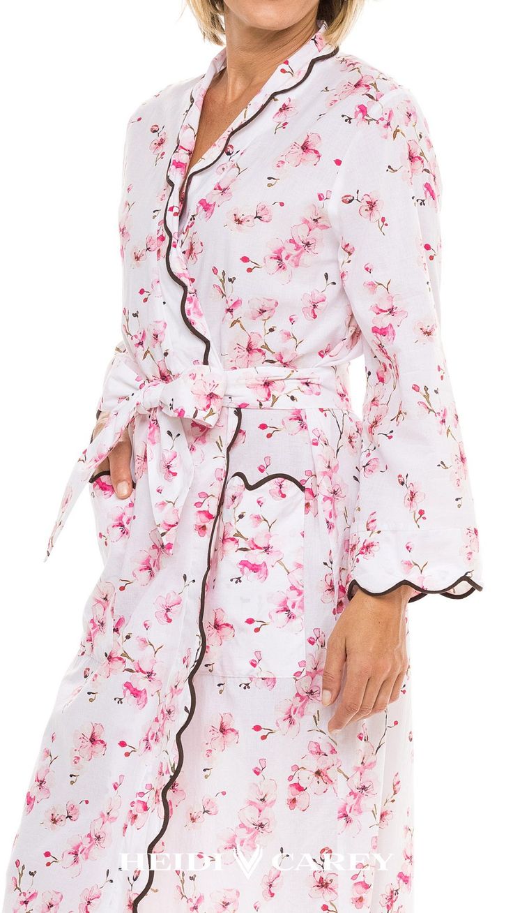 Fully hand scalloped in a sophisticated chocolate trim , made with lightweight cotton to anticipate the warming weather it will be your new favorite robe. On colder days layer my cherry blossom pj's to match and keep extra warm! Spring Floral Print Sleepwear For Sleepovers, Floral Spring Sleepwear For Sleepovers, Spring Floral Print Pink Sleepwear, Spring Pink Floral Print Sleepwear, Spring Sleep Robe With Kimono Sleeves, Pink Floral Print Sleepwear For Spring, Spring Feminine Robe With Kimono Sleeves, Floral Print Long Sleeve Sleep Kimono, White Floral Print Sleepwear For Spring