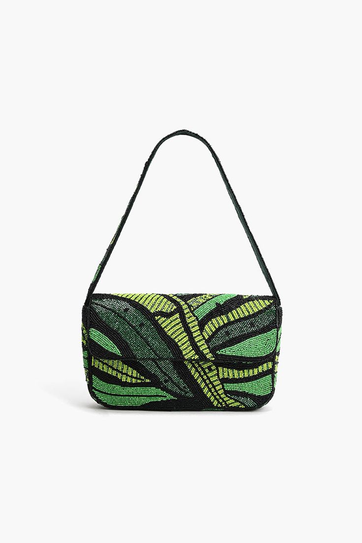 Hand beaded Small Shoulder Bag Embellished in Green Foliage Pattern Fully Lined Interior with Zip Pocket Embellished Shoulder Strap Magnetic Button Closure Size: 10" x 5.5" x 2" Handmade by Artisans The Foliage Fiesta Shoulder Bag is a stunning and vibrant accessory that celebrates nature's beauty in every detail. This hand-beaded small shoulder bag is meticulously crafted to showcase a mesmerizing green foliage pattern, making it a standout piece in any ensemble. Experience luxury and sophistic Cheap Everyday Beaded Shoulder Bag, Luxury Staud Bags For Party, Luxury Beaded Glamorous Shoulder Bag, Hand Beaded Bag, Leopard Bag, Handcrafted Bags, Beaded Handbag, Mini Pouches, Black Purse