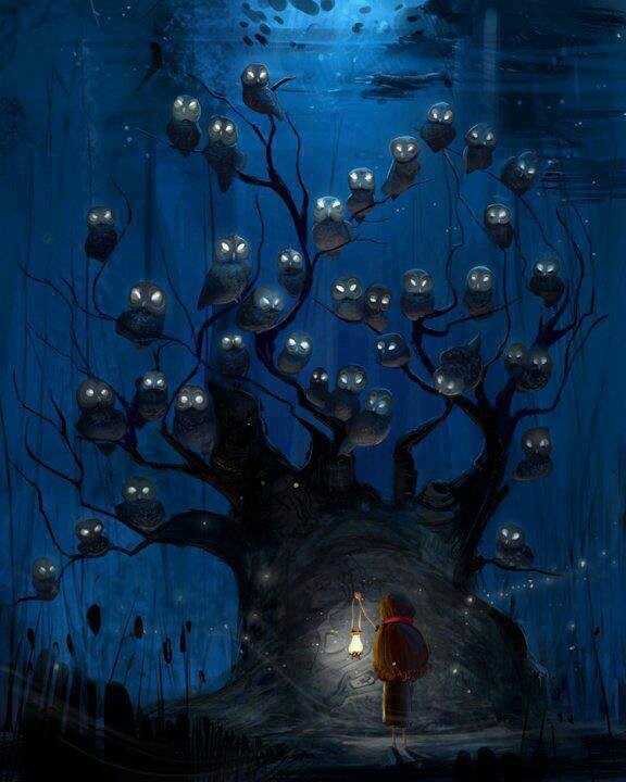 a painting of a person standing in front of a tree with lots of balls on it