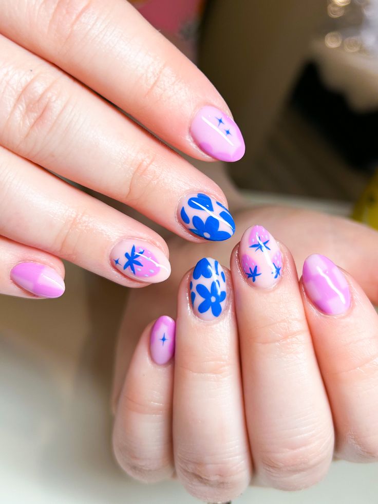 Folk Nails, Blue Pink Nails, Nails Pink And Blue, Patchwork Nails, Pink And Blue Nails, Pink Blue Nails, Bird Nails, Mismatched Nails, Groovy Nails