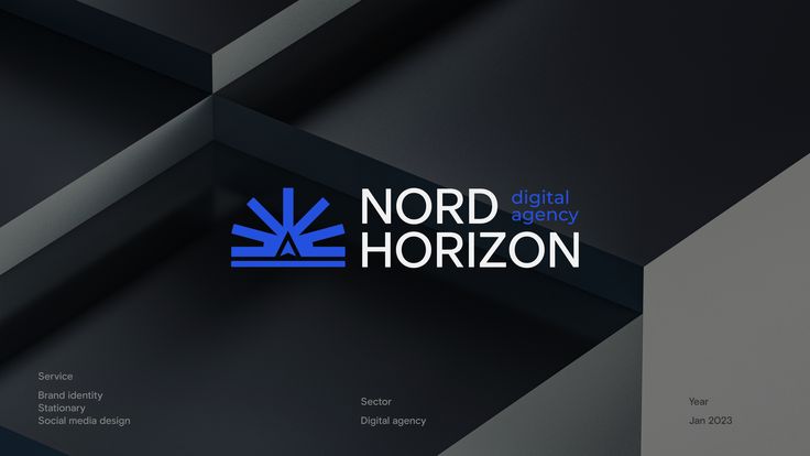 the logo for north horizon digital agency is shown in blue and grey colors on a black background