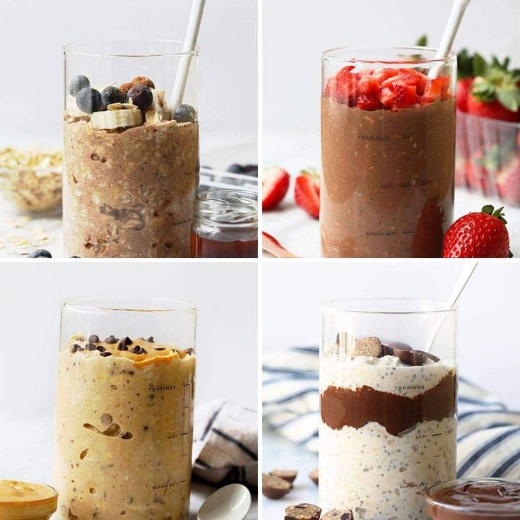 four different shots of desserts with strawberries, chocolate, and bananas in them