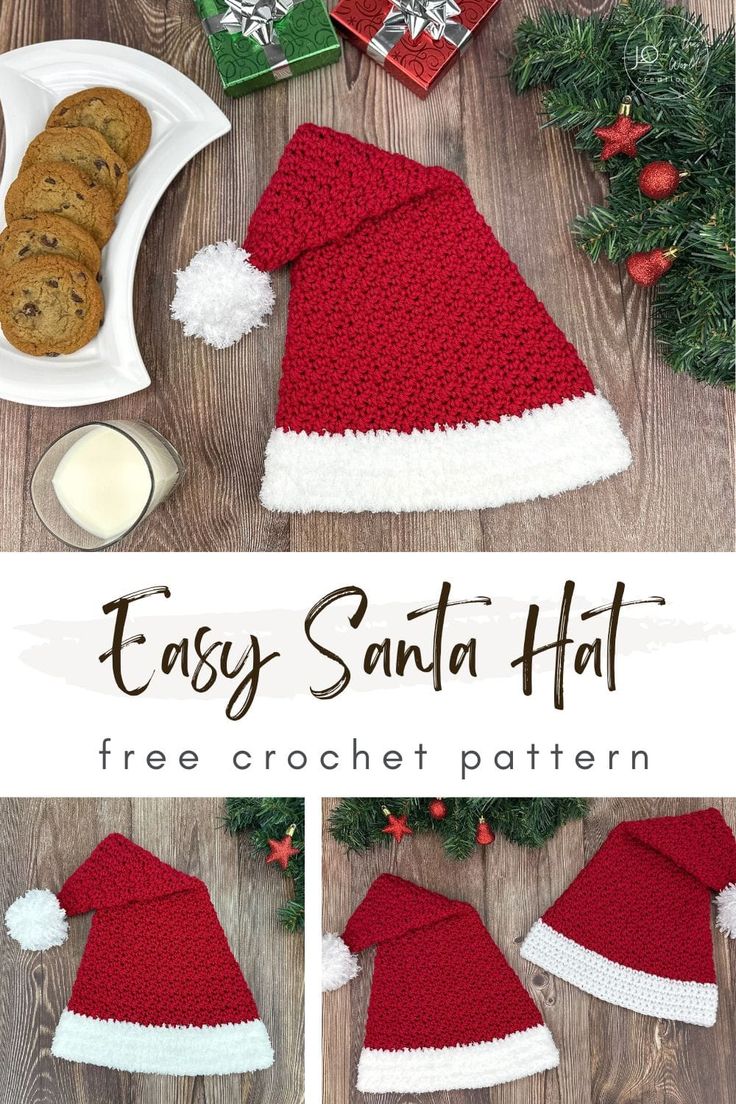 an easy crochet santa hat is shown with cookies on the side and in front