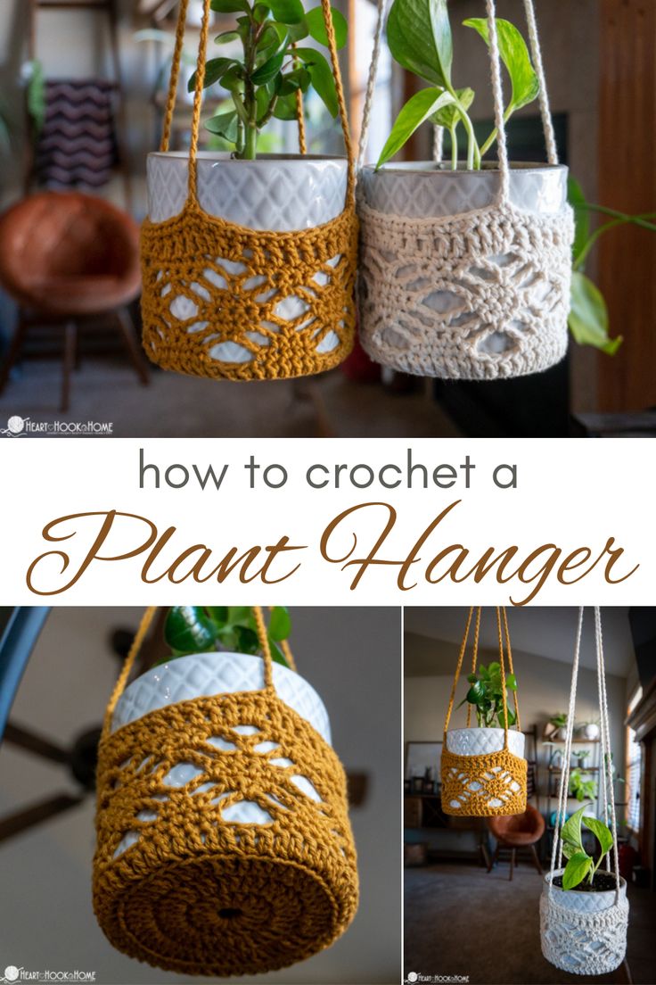 crocheted plant hangers with plants in them