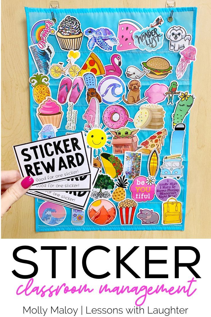 the sticker classroom management poster is displayed on a wooden table with text that reads sticker reward