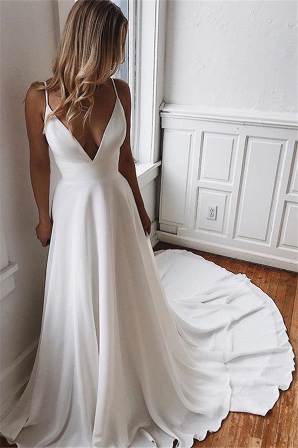 A-line Deep V-neck Court Spaghetti Strap Chiffon Crochet Flower Backless Wedding Dress-Ballbella Sweep Train Wedding Dress, Spaghetti Strap Wedding Dress, Pnina Tornai, Wedding Dresses With Straps, White Wedding Dress, Backless Wedding, فستان سهرة, White Chiffon, Dress Inspo