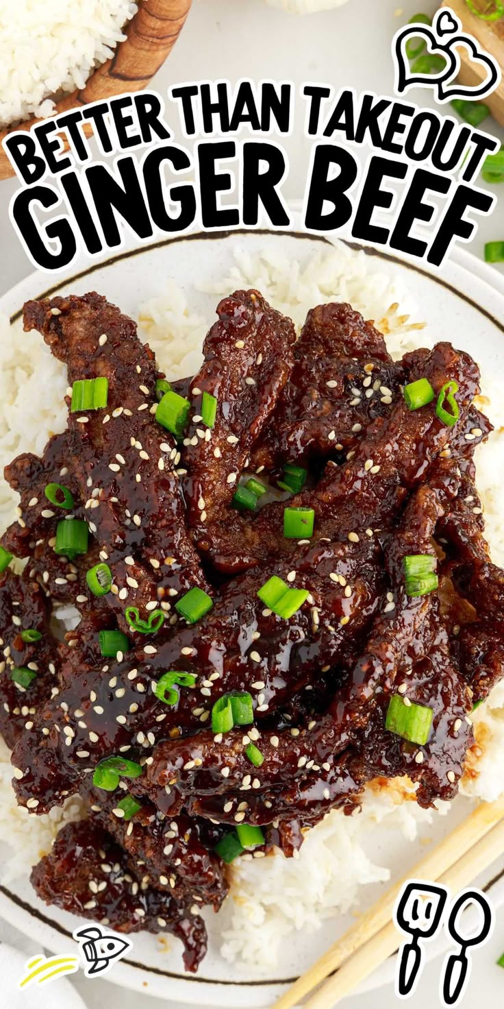 a white plate topped with beef and rice next to chopsticks on a table