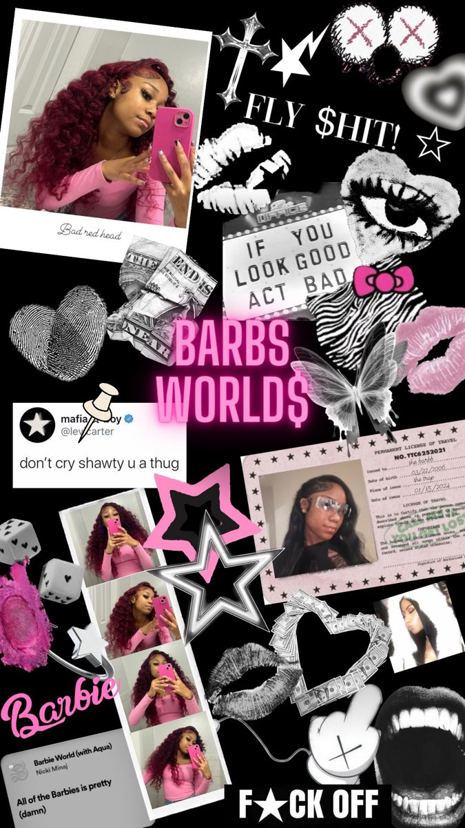 a collage of photos and words with the word barbie on it in pink, black and