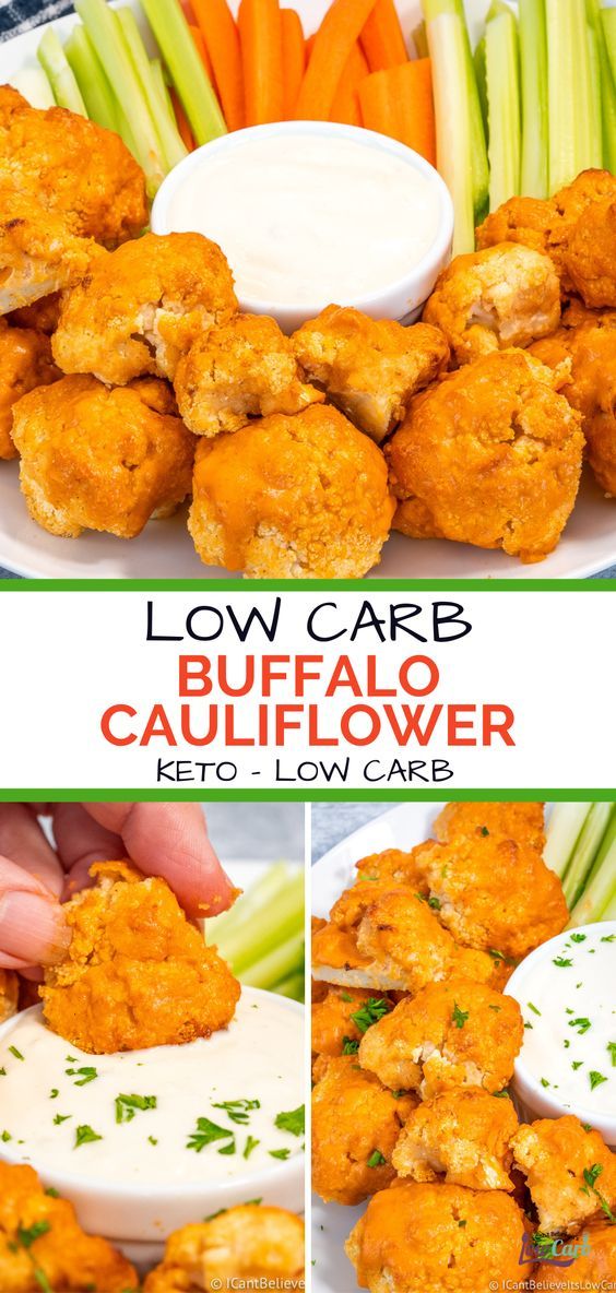 easy low carb buffalo cauliflower dipped in white sauce Keto Buffalo Cauliflower, Healthy Buffalo Cauliflower, Buffalo Cauliflower Recipes, Wings Recipe Buffalo, Buffalo Cauliflower Bites, Cauliflower Recipe, Simple Keto, Low Carb Appetizers, Buffalo Cauliflower