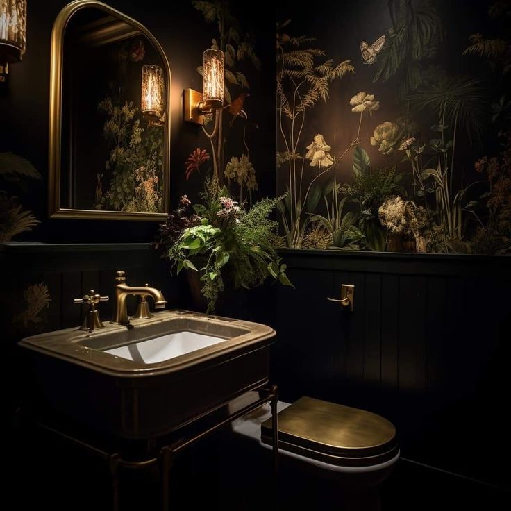 a bathroom with a toilet, sink and mirror in it's dark room area