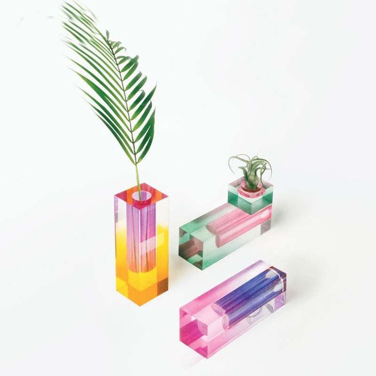 three different colored vases with a plant in them