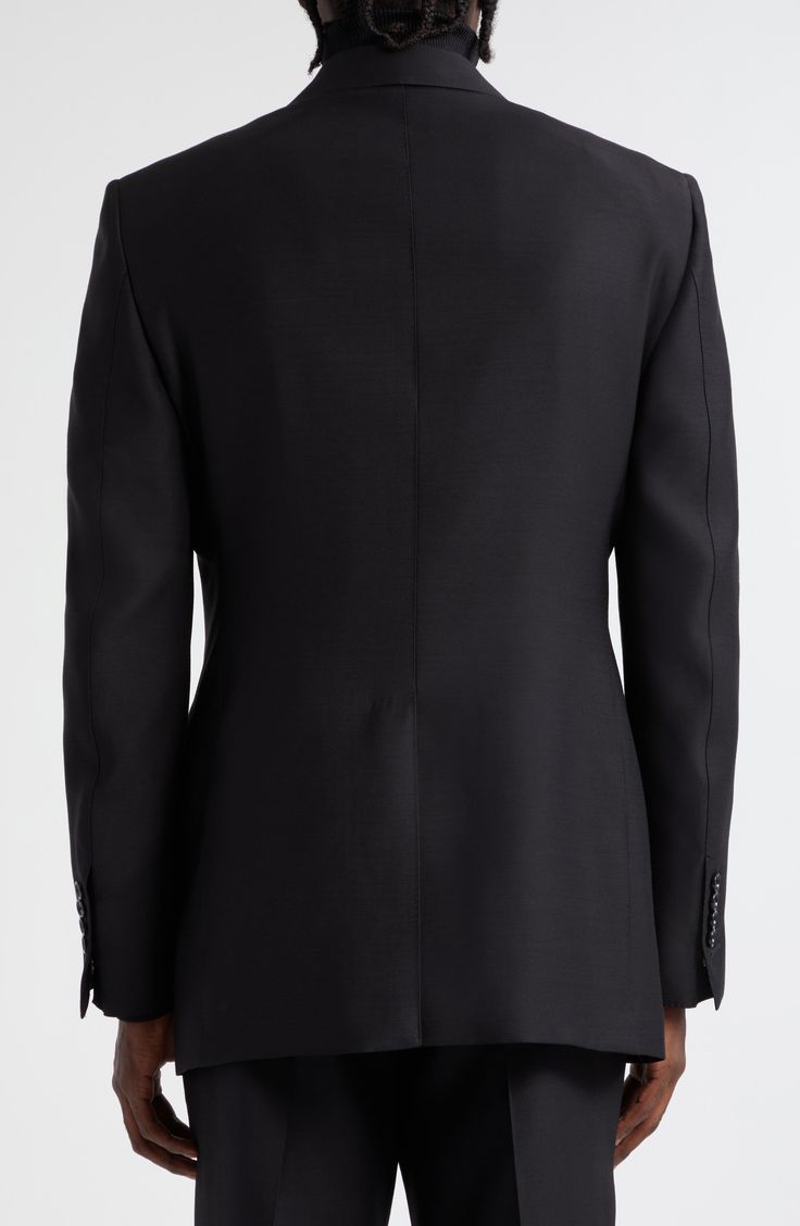 Complete your evening-out look with timeless elegance and sophistication in this peaked-lapel jacket impeccably tailored from wool-and-silk organza. Front button closure Peaked lapels Five-button cuffs Chest welt pocket; front flap pockets Cupro lining 70% wool, 30% silk Dry clean Made in Italy Designer Clothing Sleek Single Button Evening Outerwear, Black Double Breasted Long Sleeve Suit For Evening, Black Double Breasted Suit With Long Sleeves For Evening, Elegant Suits With Lapel Collar And Hidden Button Closure, Tuxedo Suits With Structured Boning And Long Sleeves, Black Structured Boning Outerwear For Evening, Black Silk Suits With Lapel Collar, Wool Tuxedo Style Evening Outerwear, Black Silk Blazer With Lapel Collar