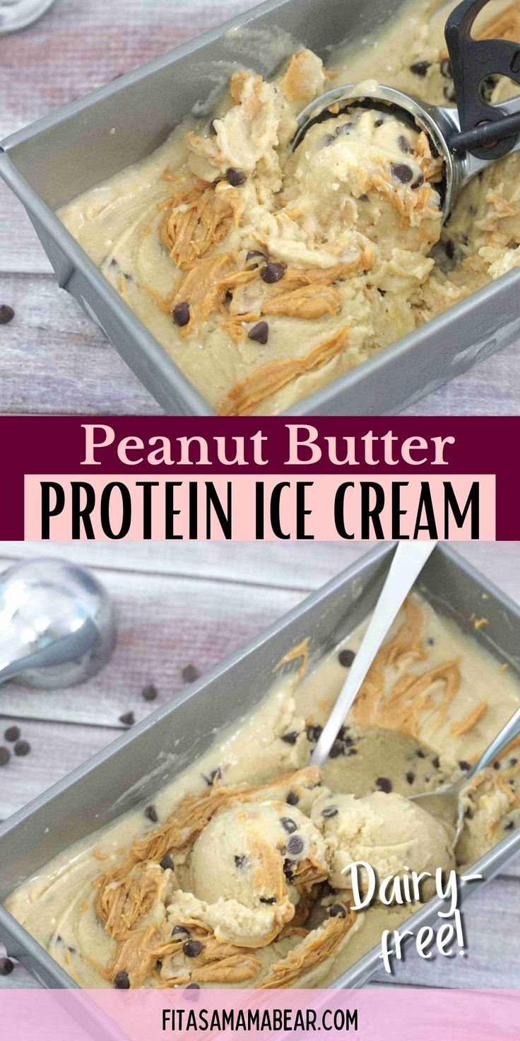 peanut butter protein ice cream in a pan with spoons on the side and text overlay that reads, peanut butter protein ice cream