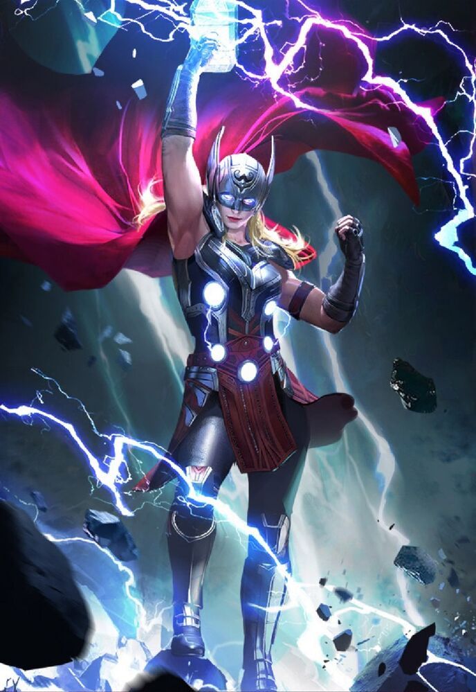 a woman dressed as thor is standing in front of some lightnings with her hands up