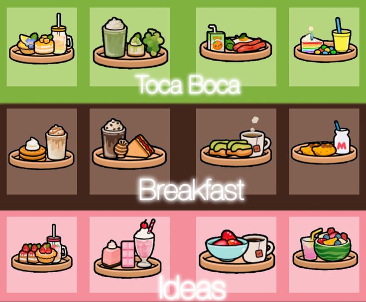 an image of different breakfast foods on trays with the words toca booa and breakfast