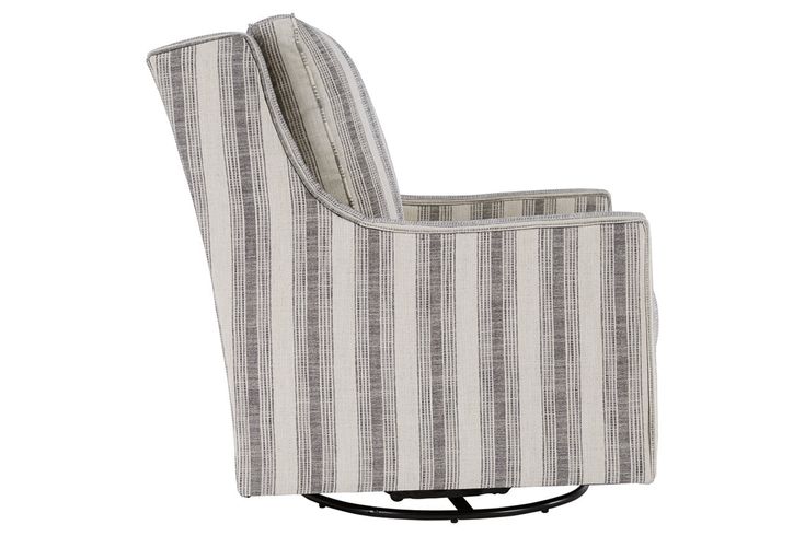 a striped chair on a black stand with white and gray fabric upholstered to the back