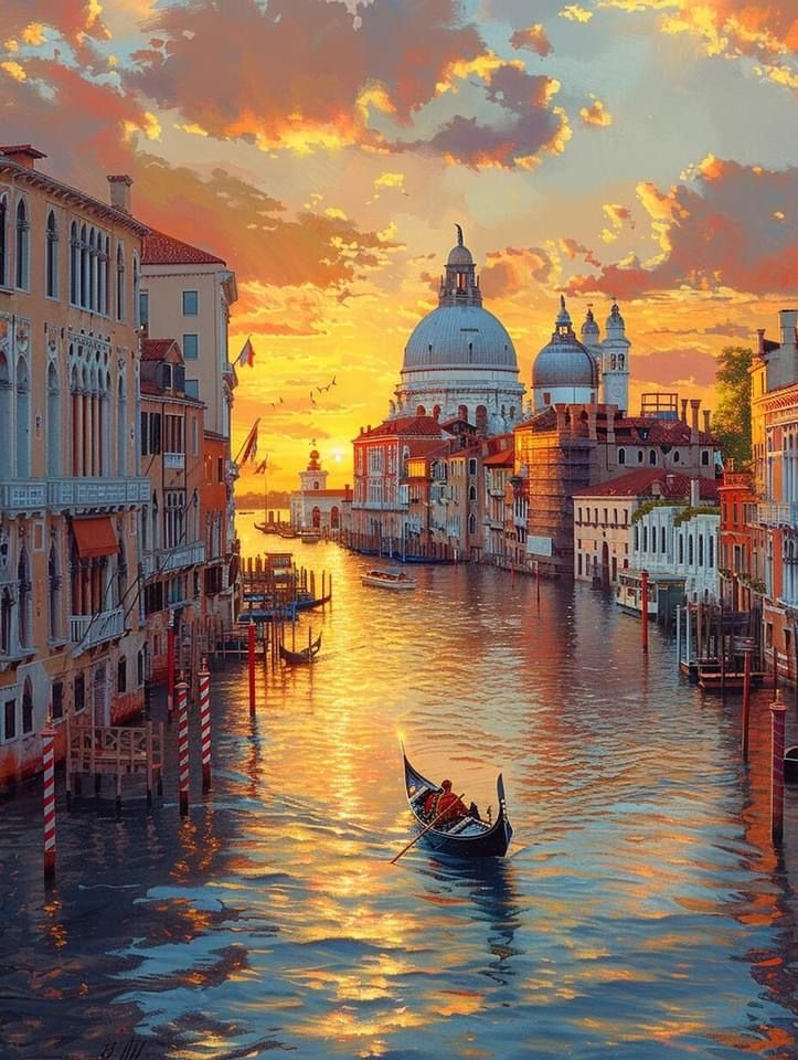 a painting of a gondola on the water at sunset