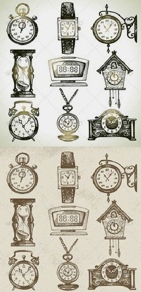 a bunch of clocks that are in different styles and sizes, all with numbers on them