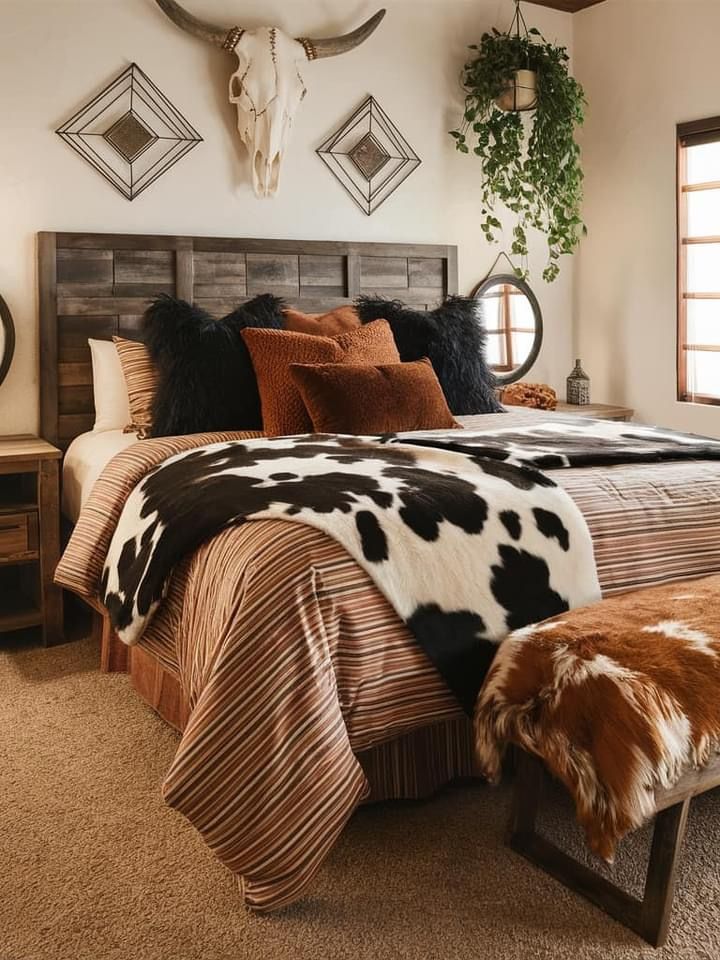 a bed room with a neatly made bed and cow head on the wall above it