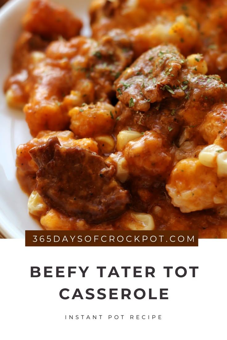 the beefy tater tot casserole is served in a white bowl