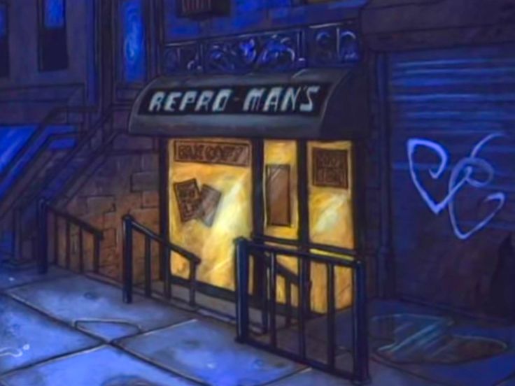 a painting of a store front at night