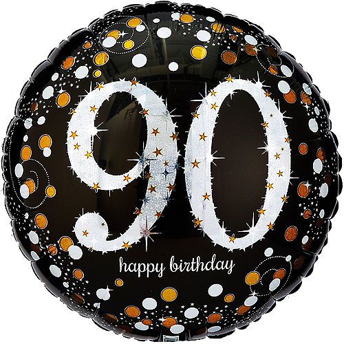 a balloon with the number 90 on it that says happy birthday in white and gold dots