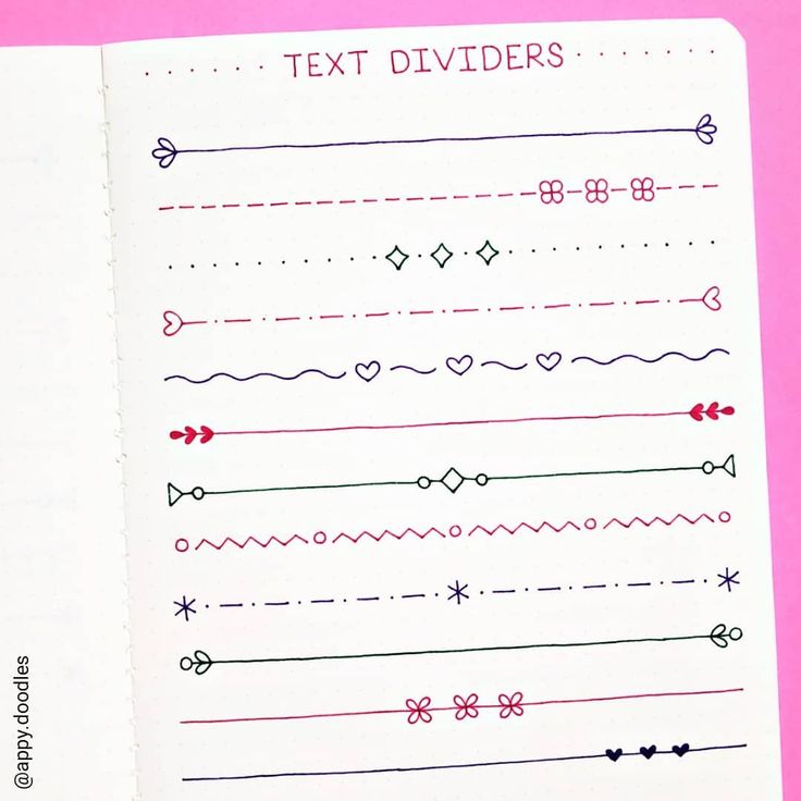 an open notebook with handwritten text dividers and hearts on the page, against a pink background