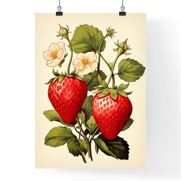 two strawberries with leaves and flowers on a beige background