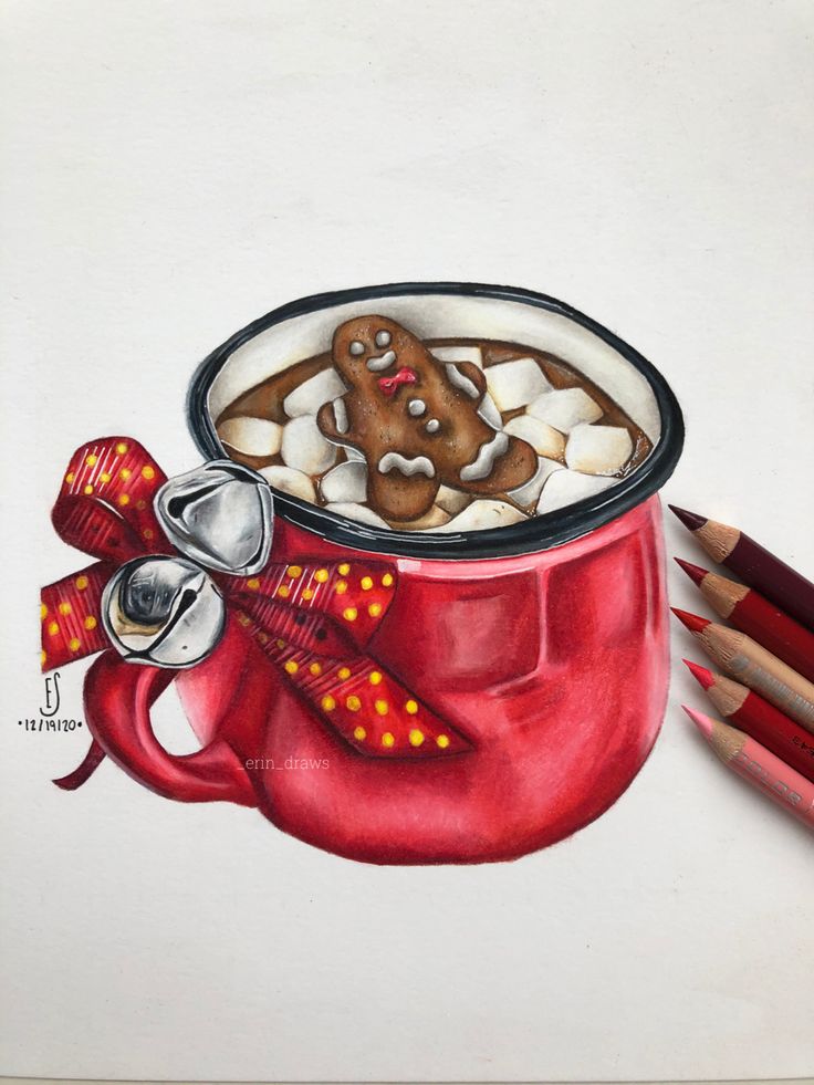 a drawing of a red mug filled with hot chocolate, marshmallows and a gingerbread