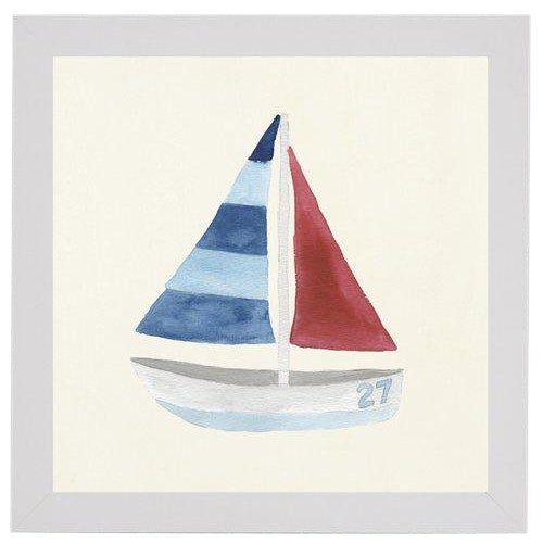 a watercolor painting of a sailboat with red, white and blue stripes on it