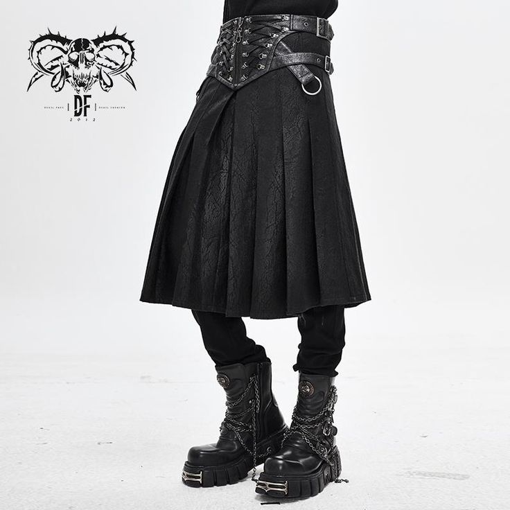 Punk Metallic Mist Textured Leather Waistband Dark Grain Pleated Men Kilts Winter Cosplay Punk Skirt, Punk Style Skirt For Winter Cosplay, Punk Style Winter Skirt For Cosplay, Gothic Skirt For Winter Cosplay, Gothic Skirt For Cosplay In Winter, Gothic Skirt For Cosplay And Winter, Punk Hoodie, Leather Kilt, Kilt Skirt