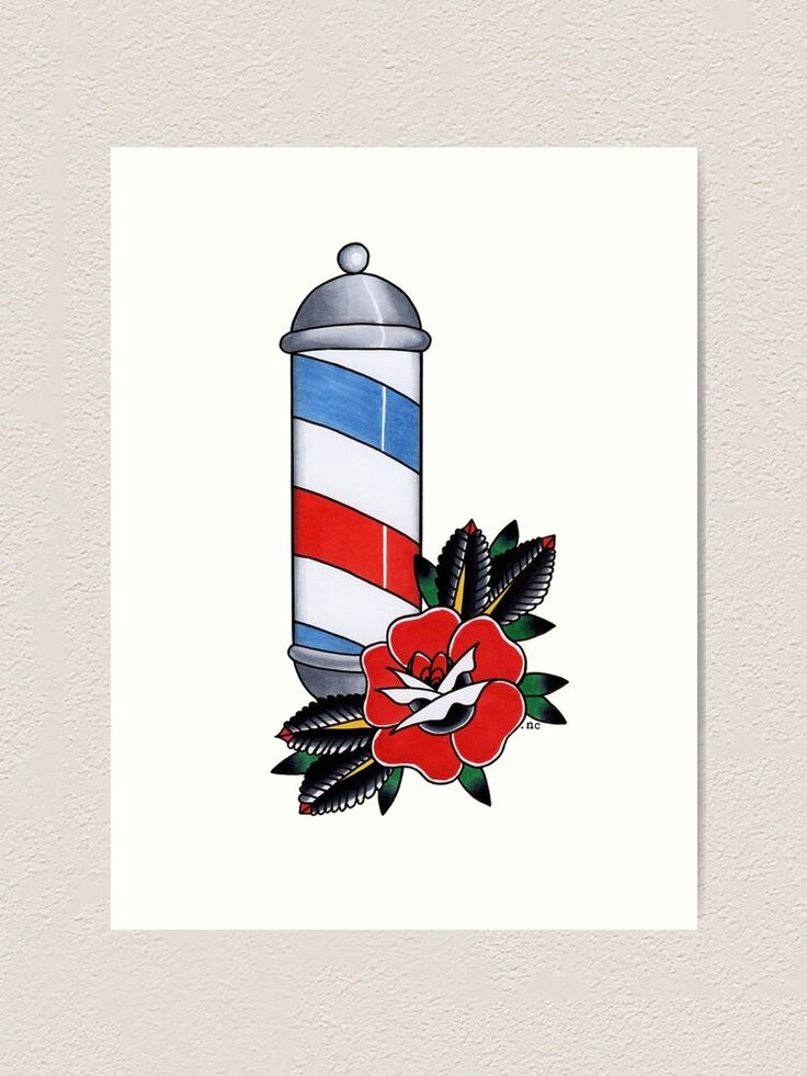 a red, white and blue lighthouse with a flower on it's side art print