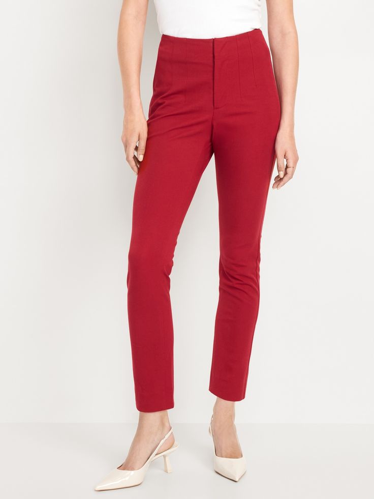 on-seam pockets hook-and-bar closure darted front extra high waist is 1" higher than standard high rise sits above belly button fitted hip and thigh 27" regular inseam 25" petite inseam 30" tall inseam models are approx.  5'9" and wear sizes s (4), l (12), and xl (18)machine wash according to the care instruction label  . Best Holiday gift for Women , perfect Pants for Christmas! Red Stretch Pants For Office, Burgundy Straight Leg Bottoms With Pockets, Fitted High Waist Bottoms With Belt Loops, High-waisted Burgundy Bottoms With Pockets, Chic Red Bottoms For Business Casual, Fitted Tapered Leg Breeches With Belt Loops, Fitted High-waisted Pants With Belt Loops, Burgundy High-waisted Pants With Pockets, Red High-waisted Pants For Business Casual