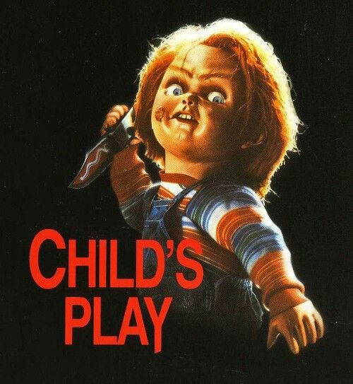 the child's play poster is shown in red and black