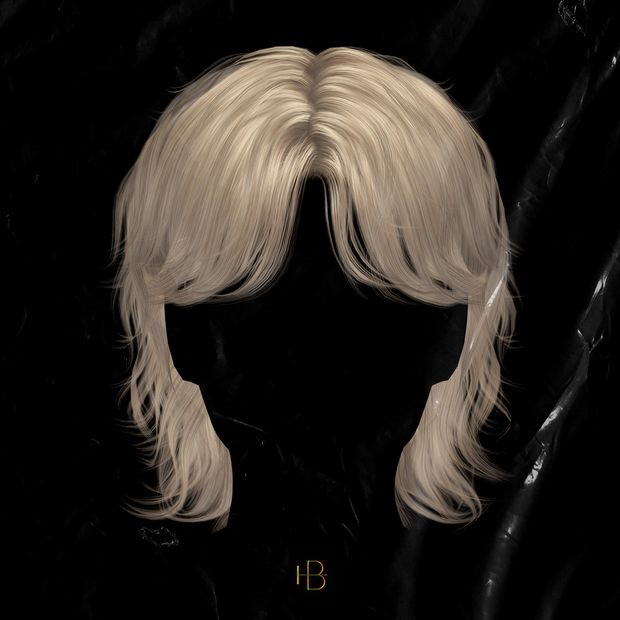 a wig with long blonde hair is shown on a black background and has the letter b in it