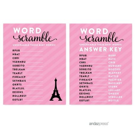 a pink and black printable word scramble game with the eiffel tower on it