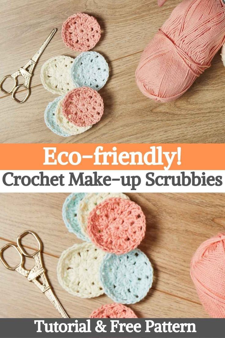 crochet make - up scribbles with text overlay that reads, eco - friendly crochet make - up scrubbies