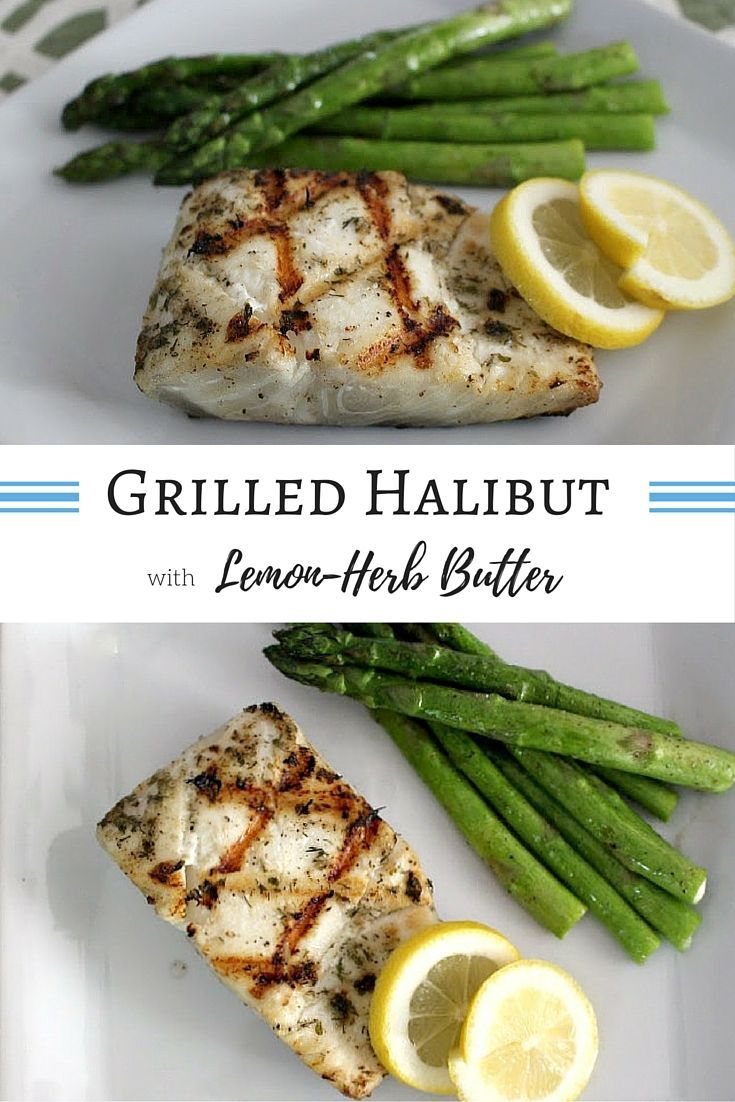 grilled halibut with lemon - herb butter and asparagus on a white plate